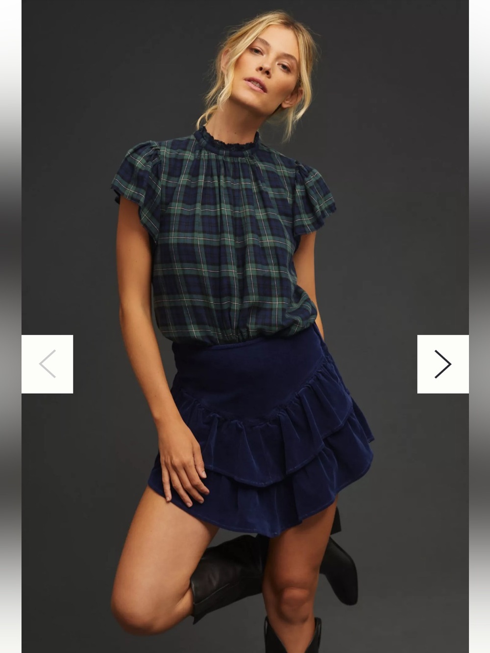 Trovata Birds of Paradis The Carla Highneck Blouse Flutter Sleeve Plaid Small